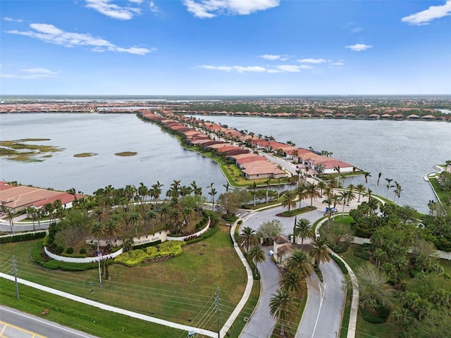 bird's eye view with a water view