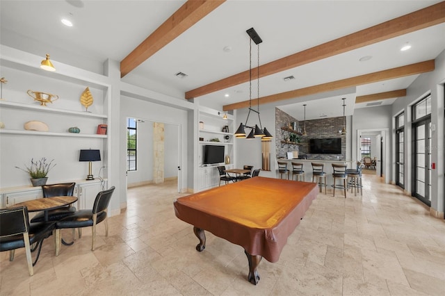 game room with built in shelves, a fireplace, billiards, and beam ceiling