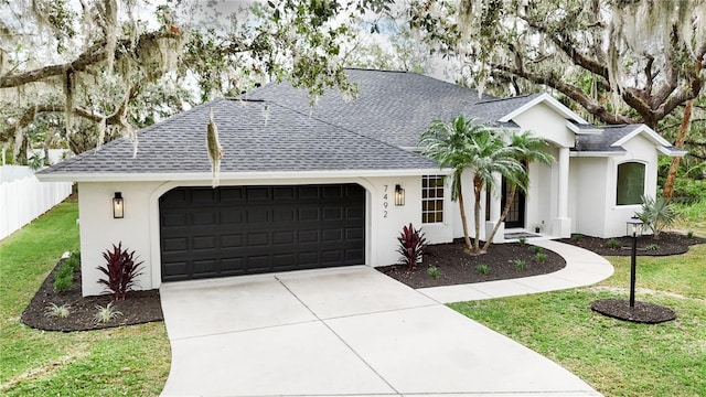 single story home with a garage and a front lawn