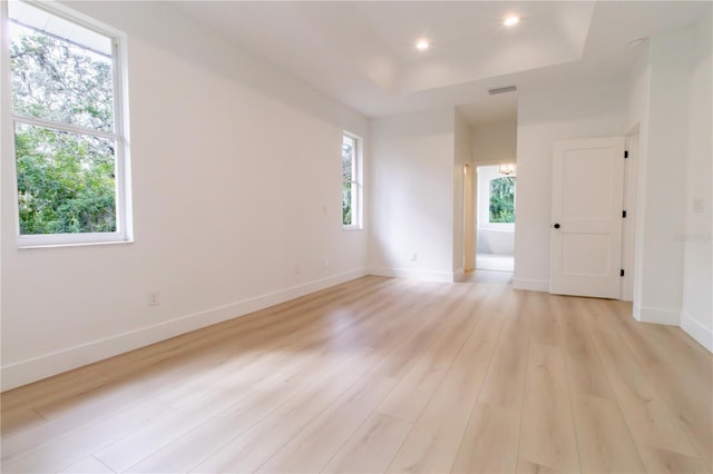 unfurnished room featuring light hardwood / wood-style flooring, a healthy amount of sunlight, and a raised ceiling