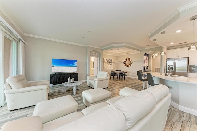 living room with sink and ornamental molding