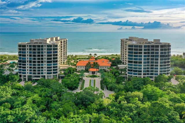 bird's eye view featuring a view of the beach and a water view