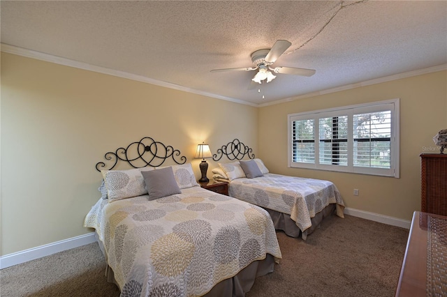 bedroom featuring a textured ceiling, ornamental molding, carpet floors, and ceiling fan