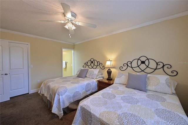 carpeted bedroom with ceiling fan, a textured ceiling, and ornamental molding