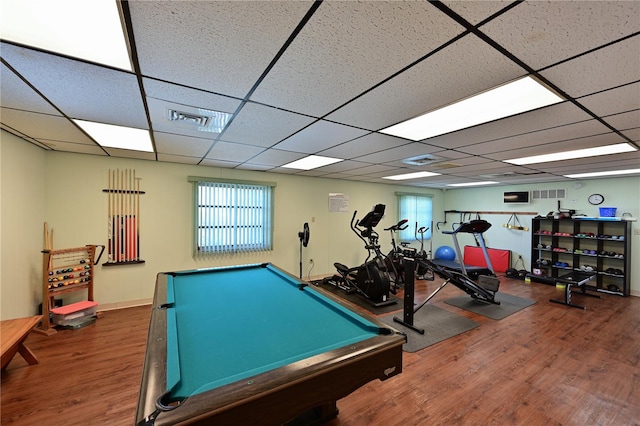 recreation room featuring a drop ceiling, billiards, and hardwood / wood-style flooring