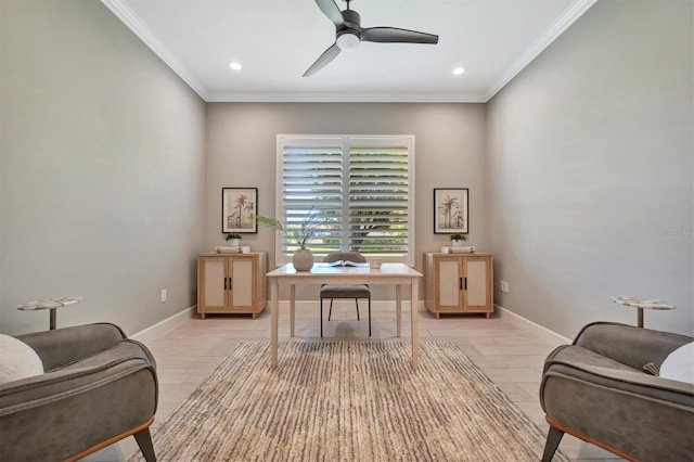 office area featuring ceiling fan, ornamental molding, and light wood-type flooring