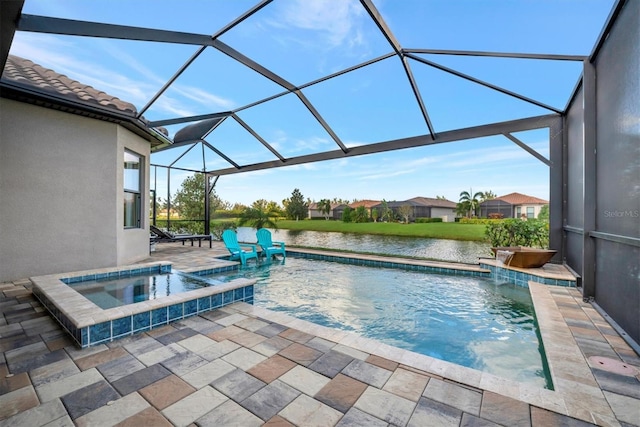 view of swimming pool with a water view, pool water feature, a lanai, an in ground hot tub, and a patio area