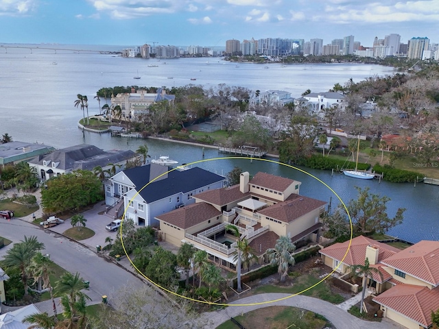 drone / aerial view featuring a water view