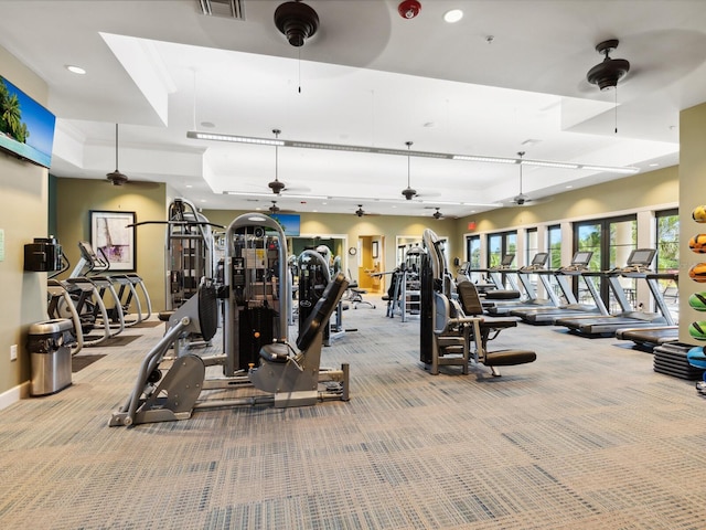 exercise room with light colored carpet and a raised ceiling