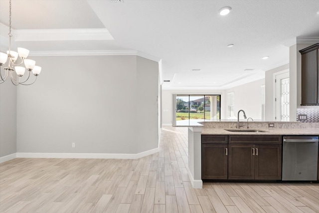 kitchen featuring stainless steel dishwasher, dark brown cabinets, light hardwood / wood-style floors, and sink