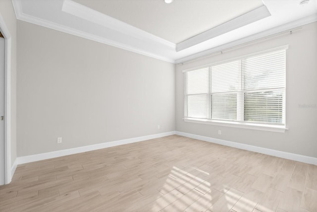 spare room featuring a raised ceiling, light hardwood / wood-style floors, and ornamental molding