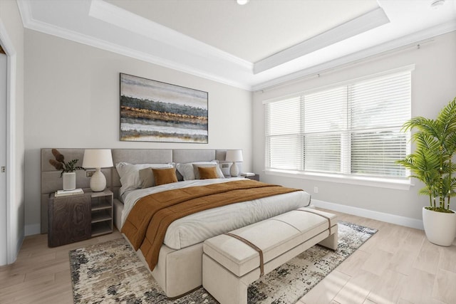 bedroom with a raised ceiling and crown molding