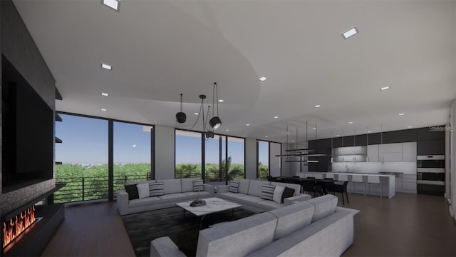 living room featuring a wealth of natural light, dark hardwood / wood-style floors, and floor to ceiling windows