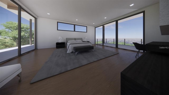 bedroom featuring dark hardwood / wood-style floors, floor to ceiling windows, and access to outside