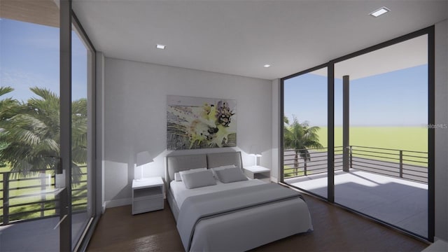 bedroom with dark hardwood / wood-style flooring, access to outside, and a wall of windows