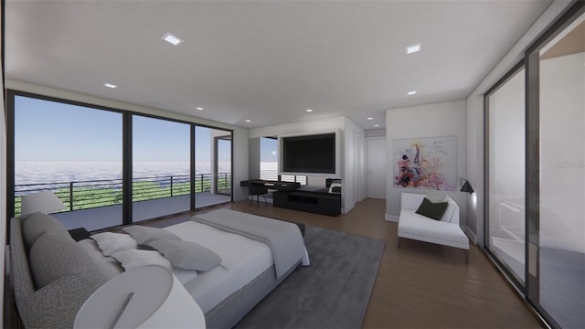 bedroom featuring a water view, expansive windows, and dark wood-type flooring