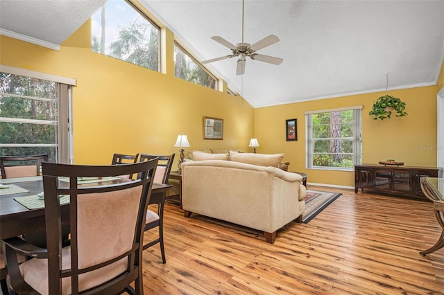 living room featuring ceiling fan, ornamental molding, a textured ceiling, and light hardwood / wood-style flooring