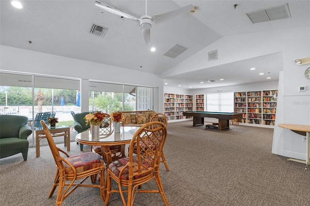 dining area with ceiling fan, carpet floors, high vaulted ceiling, and pool table