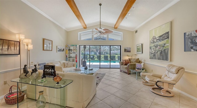 tiled living room featuring ceiling fan and lofted ceiling with beams