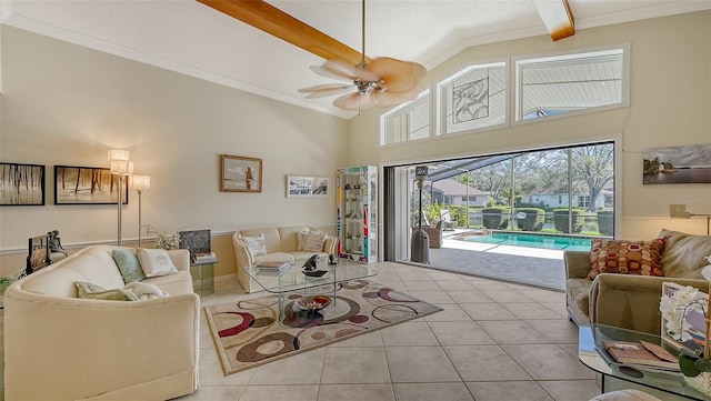 tiled living room featuring ceiling fan, high vaulted ceiling, a textured ceiling, ornamental molding, and beamed ceiling