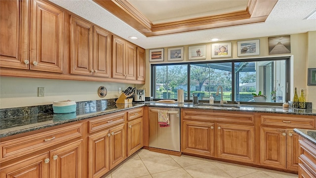 kitchen with a raised ceiling, dark stone counters, sink, and stainless steel dishwasher