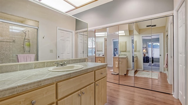 bathroom featuring a shower with shower door, a healthy amount of sunlight, wood-type flooring, and vanity