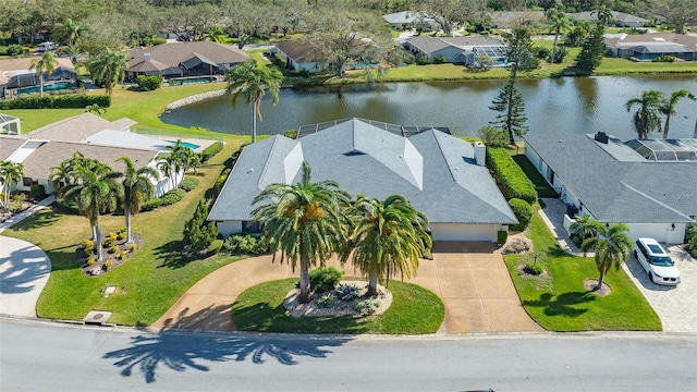 drone / aerial view featuring a water view