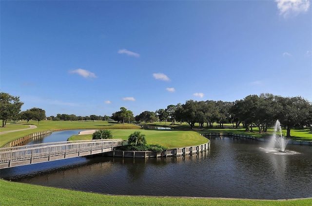 view of property's community with a water view and a lawn