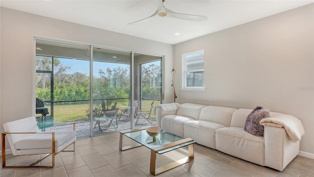 interior space featuring ceiling fan