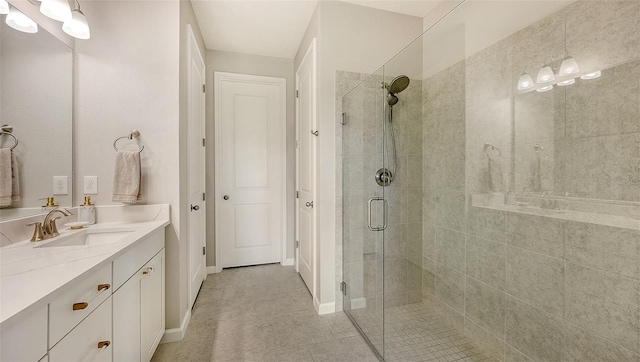 bathroom featuring walk in shower, tile patterned flooring, and vanity