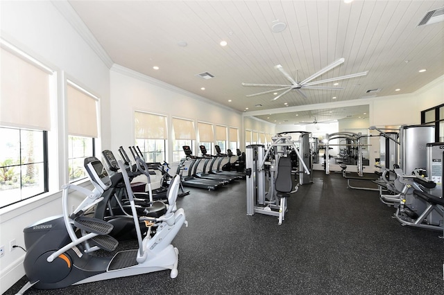 gym with wooden ceiling and ornamental molding