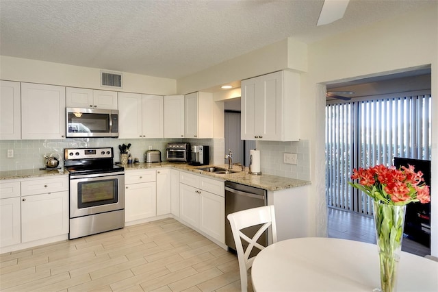 kitchen with white cabinetry, stainless steel appliances, tasteful backsplash, and sink