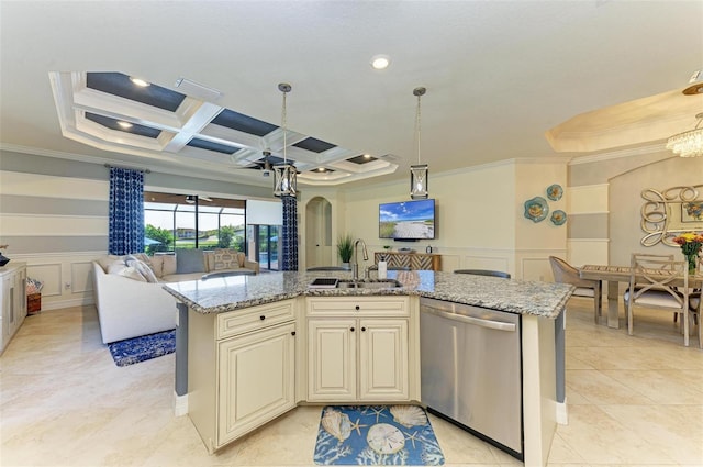 kitchen with a center island with sink, stainless steel dishwasher, coffered ceiling, and sink