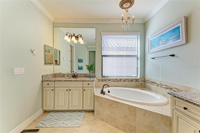 bathroom featuring tile patterned floors, vanity, crown molding, and tiled bath