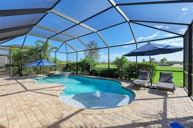 view of swimming pool featuring a lanai, a patio area, and an in ground hot tub