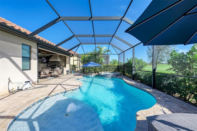 view of pool with a lanai, a patio area, and an in ground hot tub