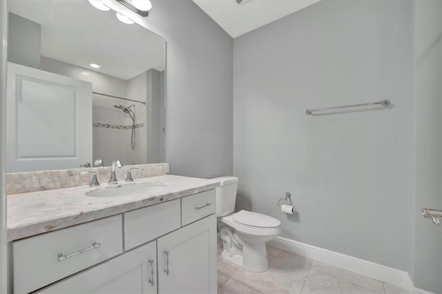 bathroom featuring walk in shower, vanity, toilet, and tile patterned floors