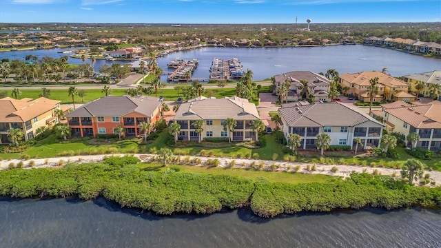 drone / aerial view with a water view