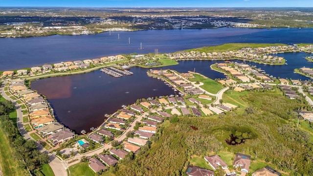 drone / aerial view with a water view