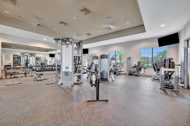 workout area featuring ornamental molding, ceiling fan, and a raised ceiling