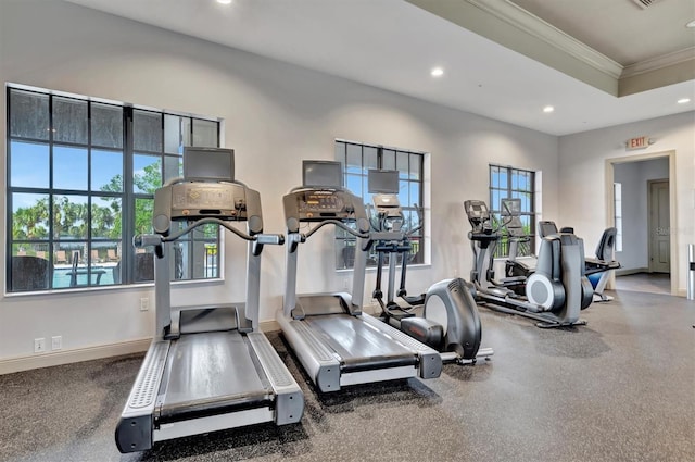 exercise room featuring a healthy amount of sunlight and crown molding