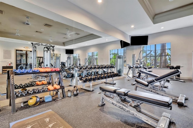 gym featuring ornamental molding and a raised ceiling