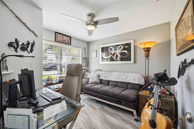 office with ceiling fan and light wood-type flooring