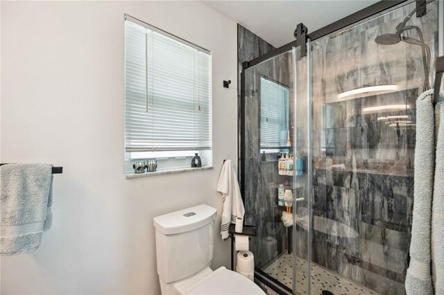 bathroom featuring toilet, a shower with shower door, and plenty of natural light