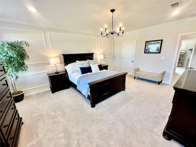 bedroom with light colored carpet, crown molding, and a chandelier