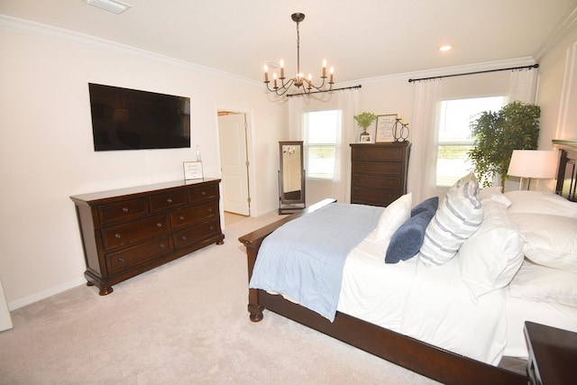 carpeted bedroom with crown molding and a notable chandelier