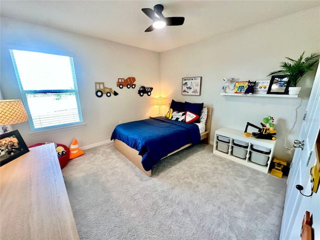 bedroom featuring carpet and ceiling fan