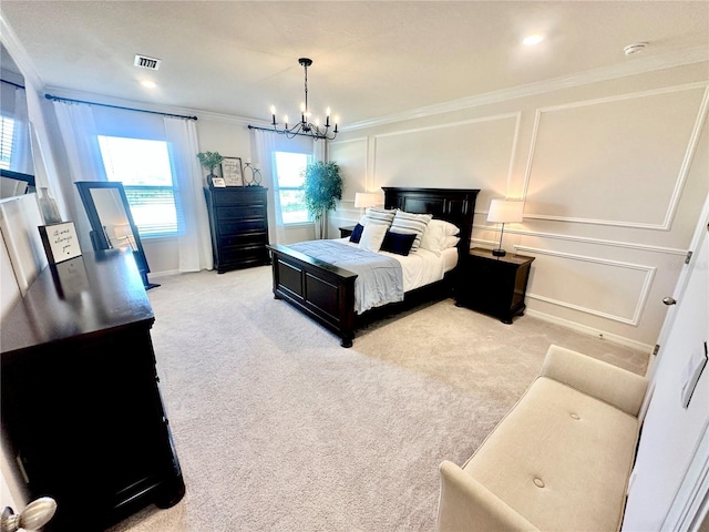 carpeted bedroom with a notable chandelier and ornamental molding