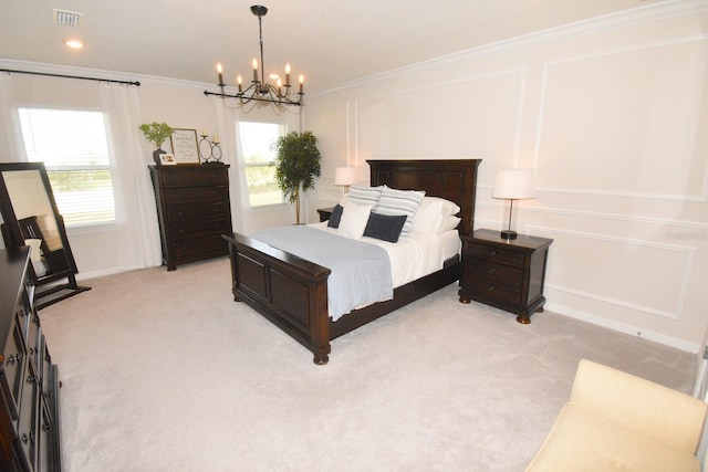 bedroom featuring light colored carpet, ornamental molding, and an inviting chandelier