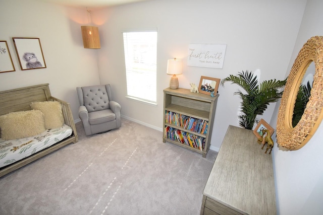 living area with light colored carpet